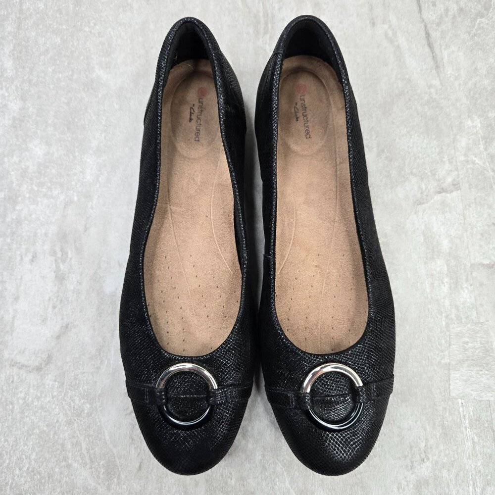 Clarks Ballet Flats Sz 10 Black Embossed Leather Comfort Dressy Ballerina Shoes - Picture 2 of 11